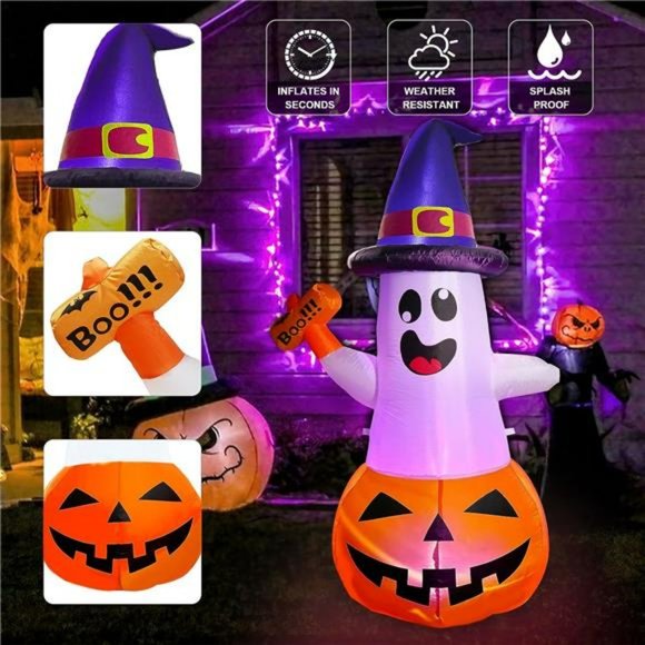 GOOSH Halloween Inflatable 5 FT Inflatable Ghost Pumpkin  5FT Halloween Inflatables Decorations Pumpkin Ghost w/ Multi-Color Build-in LED
